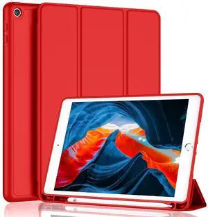 iMieet iPad 9th Generation Case 2021/iPad 8th Generation Case 2020 10.2 Inch with Pencil Holder, iPad 7th Gen 2019 Case with Soft Baby Skin Silicone Back, Auto Wake/Sleep Cover (Red)