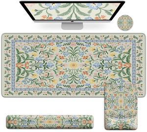 iCasso Desk Mat for Keyboard and Mouse,Large Desk Pad Girly,4 in 1 Ergonomic Mouse Pad Wrist Support,Floral Keyboard Wrist Rest Coaster Set, Large Mousepad with Stitched Edges for Women