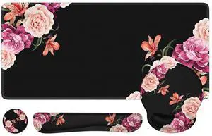 iLeadon Mouse Pad Set, Desk Mat + Mouse Pad with Wrist Rest + Keyboard Wrist Rest + Coaster, 4in1 Mouse and Keyboard Pad Set for Home Office, Peony Flowers