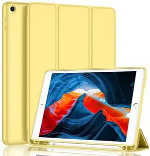 iMieet iPad 9th Generation Case 2021/iPad 8th Generation Case 2020 10.2 Inch with Pencil Holder, iPad 7th Gen 2019 Case with Soft Baby Skin Silicone Back, Auto Wake/Sleep Cover (New Yellow)