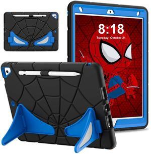 Kezigud Kids Case for iPad 9th/8th/7th Gen 10.2-Inch(2021/2020/2019), Heavy Duty Shockproof Rugged with Pencil Holder&Fold Out Stand Cute Cover Gift for Children Boys for Apple iPad 9/8/7(Black+Blue)