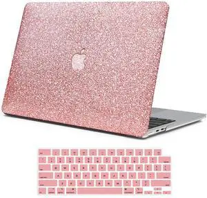 iPAPA Compatible with MacBook Pro 14 inch Case 2025 2024 2023 2022 2021 M4 A3112 A3185 A3401 M3 A2918 A2992 M2 A2779 M1 A2442, Glitter Smooth Leather Hard Shell Case+Keyboard Cover, Shining Rose Gold
