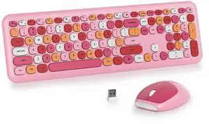iRoboosta Pink Colorful Wireless Keyboard and Mouse Combo Set, 2.4GHz Retro Typewriter Aesthetic Keyboard, Full Size Cute Keyboard with Number Pad, Home and Office Silent Keyboards (Pink)