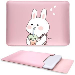 Cute Bunny Laptop Sleeves 14 Inch, Pink Faux Leather Cover Case for Women Girls, Compatible with MacBook Pro 14 2021/Air 13 2010-2017/Pro 13 2012-2016, Bunny A/Pink