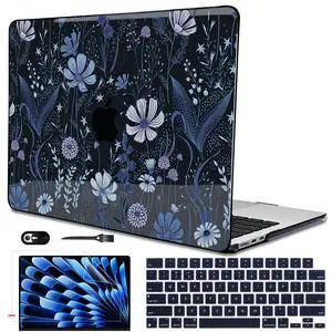 LCMOCICO Compatible with 2022 2023 2024 MacBook Air 13.6 inch Case A3113 M3 A2681 M2, Crystal Printed Pattern Plastic Hard Case Cover for MacBook 13.6 inch Air 2024 M3 Touch ID, Wild Flowers Black