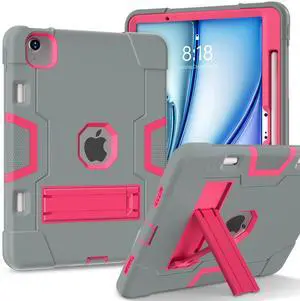 Jaorty Case for iPad Air 11 inch M3/ M2 (2025/2024), for iPad Air 6th Generation,with Pencil Holder,Rugged Shockproof Hybrid Tablet Case with Kickstand for Kids Women Men, Grey/Rosered