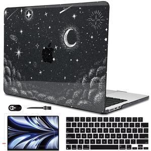 LCMOCICO for 2022 2023 2024 2025 MacBook Air 13.6 inch Case M4 A3240 M3 A3113 M2 A2681 Cover, Glitter Black Printed Pattern Plastic Hard Shell Case Keyboard Cover for Mac Air 13.6 2025, Stars & Moon