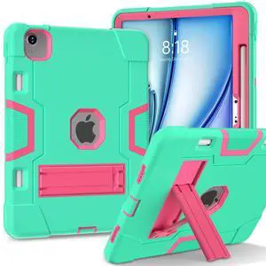 Jaorty Case for iPad Air 11 inch M3/ M2 (2025/2024), for iPad Air 6th Generation,with Pencil Holder,Rugged Shockproof Hybrid Tablet Case with Kickstand for Kids Women Men, Green/Rosered