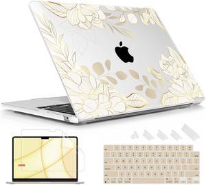 Lepeoac Case for MacBook Air 15 Inch 2025 2024 2023 Release M4 A3241 M3 A3114 M2 A2941, Hard Shell with Screen Protector & Keyboard Cover, Compatible with Touch ID - Gold Rose Flowers