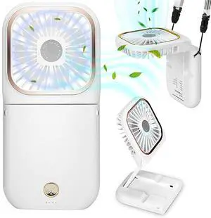 Portable Fan, Foldable Neck Fan with Lanyard, Mini USB Rechargeable Cooling Fan, Women Men Personal Handheld Fan Quiet Desk Fan, Phone Holder Mobile Power, for Travel Home Office Outdoor (White)