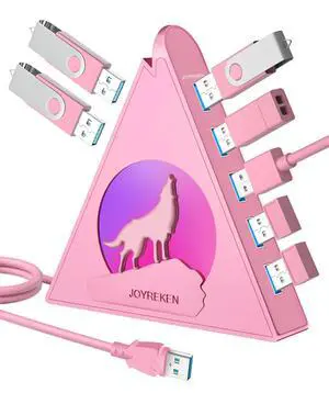 JoyReken 7 USB 3.0 Ports, Howling Wolf Pink USB Hub - 2FT Long Cable, Vertical USB Hub Expander Compatible with PC, Laptop, Flash Drive, HDD, Console, Printer, Keyborad, Mouse