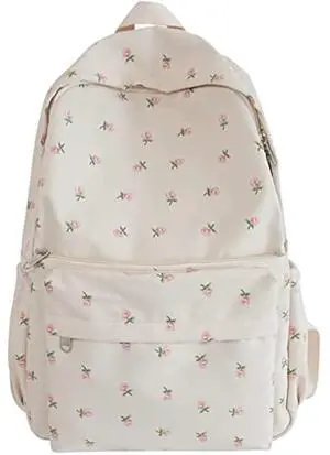 2025 Cute Preppy Bag Floral Printed Kawaii Backpack Cottagecore Aesthetic Backpack Laptop Daypack (White)