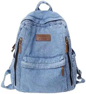 KAOBIO Denim Backpack for Women Men Vintage Grunge Backpack Blue Jeans Laptop Backpack Retro Rucksack for Travel Work (Blue,One Size)