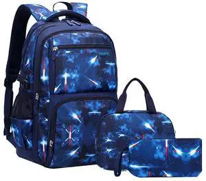 JiaYou Space Pattern Galaxy Backpack Boys Primary Junior Middle School Daypack Men High Middle School Laptop Bag(Space-Blue,3Pcs Backpack Set)