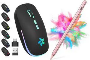 2.4G Rechargeable Wireless Mouse, 7 Color Breathing Lights Computer Mouse(Bluetooth+2.4GHz Dual Mode Mouse) Bundle with Stylus Pen for iPad, Apple Pencil for iPad 2018-2023 (Rose Gold)