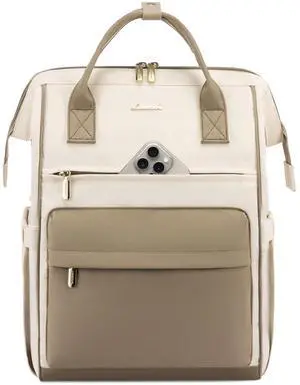 LOVEVOOK Laptop Backpack for Women, 17 Inch Work Teacher Nurse Bag, Large Capacity Business Computer Backpack Purse with USB Port, Stylish Casual Daypack for Travel,Beige&Khaki