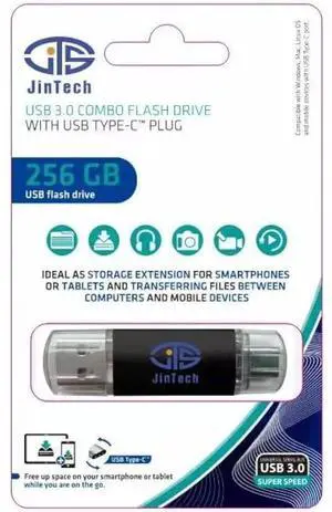 JinTech Semiconductor CO LTD 256GB Dual Drive USB-C Flash Drive. Compatible with PC, MAC, Android and iPhone, Laptops, Tablets, Gaming Systems and Other USB Capable Devices. USB 2.0, 3.0