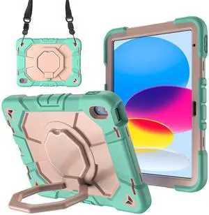 KepaiTok Case for iPad (A16) 11thGeneration 11" 2025/ iPad 10th Generation with Pencil Holder 2022 10.9 Inch, Heavy Duty Shockproof Rugged Protective Case with 360deg Rotate Hand Stand.(Green+Pink)
