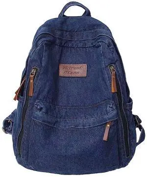 KAOBIO Denim Backpack for Women Men Vintage Grunge Backpack Blue Jeans Laptop Backpack Retro Rucksack for Travel Work (Navy,One Size)