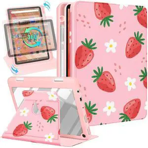 Kidcube for Kindle Fire HD 10/10 Plus Tablet Case - 13th/11th Generation (2023/2021) 10.1" Women Girl Cute Girly Strawberry Kawaii Rotating Stand Pencil Holder Folio Case for  Fire HD 10/10 Plus