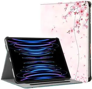 Hepix iPad Pro 12.9 Case 2022 2021 2020 2018 Cherry Blossom 6th 5th 4th 3rd Gen with Pencil Holder, Cat Flower Pink Floral Multi-Angle Stand Pocket Protective Leather Cover Auto Sleep Wake