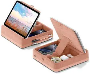 KDD Tablet Pillow Stand with Storage, Foldable iPad Holder for Bed, Lap and Desk, Angle Adjustable Soft Pad Dock with Stylus Mount Compatible with iPad Pro 12.9, 10.5, 11, Air, Mini, Phones, Books