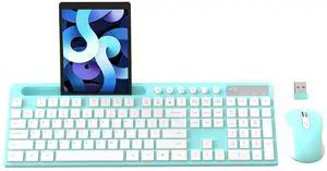 Wireless Keyboard and Mouse Combo, MARVO 2.4G Ergonomic Wireless Computer Keyboard with Phone Tablet Holder, Silent Mouse with 6 Button, Compatible with MacBook, Windows (Blue)