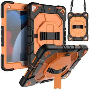 KepaiTok Case for iPad 9th/8th/7th Generation Case 10.2" Inch,Shockproof Hard Case Cover Compatible with iPad 9th/8th/7th Gen,360degRotating Stand,Hand Strap,Shoulder Strap,Pencil Holder(Orange+Black)