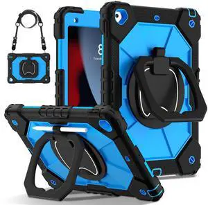 Kezigud for iPad 9th/8th/7th 10.2'' Case, Shockproof Hybrid Rugged Heavy Duty with Rotating Handle Stand/Pencil Holder/Hand Carrying Strap Kids Friendly Protection for Apple iPad 9/8/7 Gen (Blue)