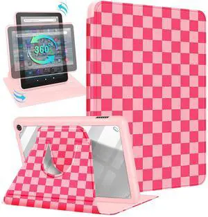 Kidcube for Amazon Kindle Fire 7 Tablet Case 12th Generation 2022 Release for Women Girls Cute Folio Cover Girly Kawaii Plaid Design Rotating Stand with Auto Wake/Sleep Teen for Kindle Fire 7 Cases 7"