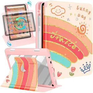 Kidcube for Kindle Fire HD 10/10 Plus Tablet Case - 13th/11th Generation (2023/2021) 10.1" Women Girls Cute Rainbow Pretty Design Rotating Stand Pencil Holder Folio Cases for Amazon Fire HD 10/10 Plus