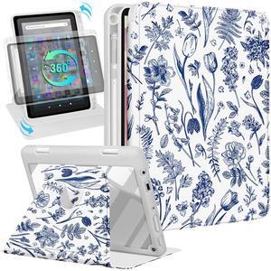 Kidcube for Kindle Fire HD 8/8 Plus Tablet Case - 10th/12th Generation (2020/2022) 8" Women Girls Cute Folio Cover with Pencil Holder Floral Flowers Rotating Stand Cases for  Fire HD 8/8 Plus