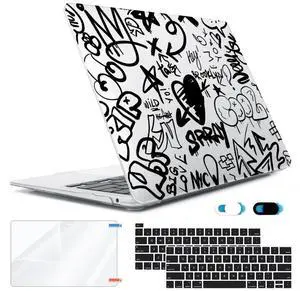 HOHAIYOO Compatible with 2022 M2 MacBook Pro 13 inch Case 2021 2020-2016 M1 A2338 A2289 A2251 A1706 A2159 A1989 with Touch Bar, Hard Case&Keyboard Cover&Screen Protector&Webcam Cover, Black Graffiti