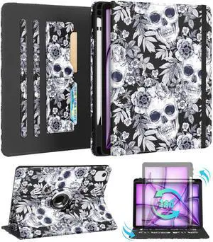 Kidcube for iPad Air 13 Inch Case M3 2025/M2 2024/for iPad Pro 12.9 Cases 6th/5th (2022/2021) - Women Girls Cute Rotating Stand Folio Cover with Pencil Holder & Card Slot Flowers Goth Skull Cover
