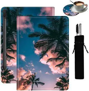 for 12.4 inch Samsung Galaxy Tab S8 Plus 2022/ Tab S7 FE 2021/ Tab S7 Plus 2020, with Coaster Adjustable Stand Auto Wake & Sleep Smart Cover - Palm Trees at Dusk (Pen Bag)
