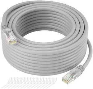 Cat5e Ethernet Cable 250 FT, Long Cat 5e Internet Cable, Grey Snagless Patch Cord, Flexible, Network, LAN, PoE, Standard RJ45 Connector for PC, Server, Router, Modem, TV, PS5 - with 15 Cable Ties