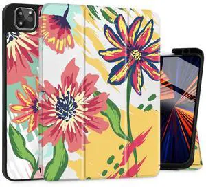 May Chen Case for iPad Pro 13-inch 2024 5th Generation M4 Chip, [Built Pencil Holder Supports Pencil 2/USB-C] Soft TPU Back Cover with Trifold Stand Support Auto Wake/Sleep, Colorful Flower