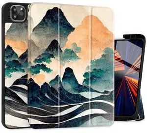 May Chen Case for iPad Pro 13-inch 2024 5th Generation M4 Chip, [Built Pencil Holder Supports Pencil 2/USB-C] Soft TPU Back Cover with Trifold Stand Support Auto Wake/Sleep, Mountain S958