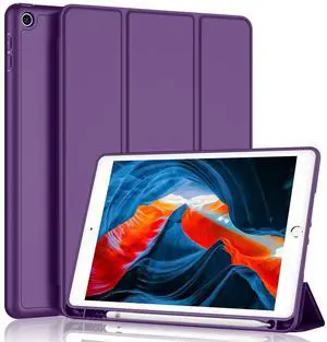 iMieet iPad 9th Generation Case 2021/iPad 8th Generation Case 2020 10.2 Inch with Pencil Holder, iPad 7th Gen 2019 Case with Soft Baby Skin Silicone Back, Auto Wake/Sleep Cover (Dark Purple)