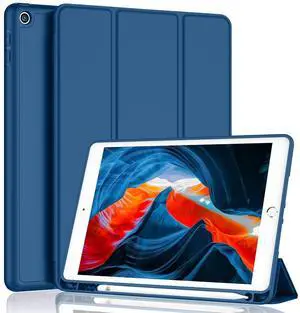 iMieet iPad 9th Generation Case 2021/iPad 8th Generation Case 2020 10.2 Inch with Pencil Holder, iPad 7th Gen 2019 Case with Soft Baby Skin Silicone Back, Auto Wake/Sleep Cover (Navy Blue)