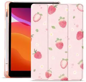 MAYCARI Strawberry Daisy Design Case for iPad 10.2 inch 2021/2020/2019 with Pencil Holder, Cute Floral iPad 9th/8th/7th Generation Soft TPU Back Protective Case, Auto Sleep/Wake Cover Slim Shell