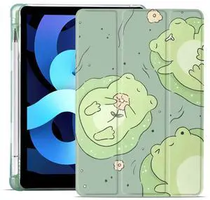 MAYCARI Cute Frog Case foriPad Pro 12.9 Inch 2022/2021/2020 with Pencil Holder, Cute iPad Pro 6th/5th/4th Generation Protective Case with Soft TPU Back, Auto Sleep/Wake Cover Slim Shell for Girls