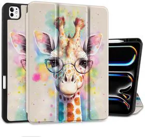 MEEgoodo Case for M4 iPad Pro 13 inch Case 2024, Tablet Cover with Trifold Stand + Pencil Holder + Auto Wake/Sleep + Soft TPU Back Cover for Kids, Giraffe