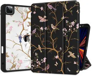MEEgoodo iPad Pro 12.9 Case M2 - Clear Transparent Acrylic Back Shell, Cherry Blossom & Sparrow