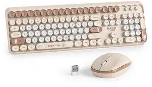 iRoboosta Coffee Colorful Wireless Keyboard and Mouse Combo Set, 2.4GHz Cute Typewriter Keyboard with Round Keycaps, Full Size Keyboard with Number Pad, Home and Office Silent Keyboards (Coffee)