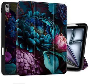 MEEgoodo Case for iPad Air 13 inch 2025 2024 (M3/M2), Tablet Cases with Trifold Stand + Pencil Holder + Auto Wake/Sleep + Soft TPU Back Cover, Beautiful Fantasy Flower