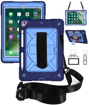 Jaorty for iPad air 2,for iPad Pro 9.7 2016 case,360 Rotable Handle Kickstand Layer Pencil Holder Shockproof with Strap Shoulder Case for iPad 6th/5th Generation/New iPad 9.7 2017/2018,NavyBlue+Blue