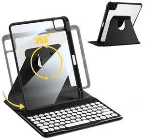 AnMengXinLing Keyboard Case for iPad Air 11 inch 2025(M3)/2024(M2)/Air 5/Air 4/Pro 11, Rotate Case with Detachable Round Keys Keyboard and Clear Cover, Black