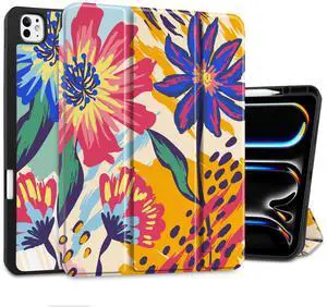 MEEgoodo Case for M4 iPad Pro 13 inch Case 2024, Tablet Cover with Trifold Stand + Pencil Holder + Auto Wake/Sleep + Soft TPU Back Cover for Kids, Art Painted Flowers