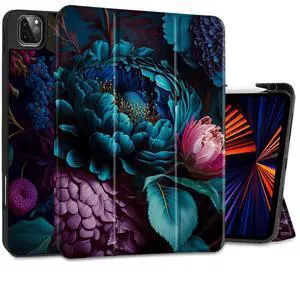 MEEgoodo for iPad Pro M2 12.9 Case 6th/5th/4th/3rd Generation 2022 2021 2020 2018 with Pencil Holder, Tablet Cover with TPU Back Shell, Beautiful Fantasy Flower
